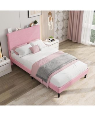 Twin Bed Frame with Charging Station, Corduroy Upholstered Platform Bed Frame with Headboard and Storage Shelf, Solid Wood Slats