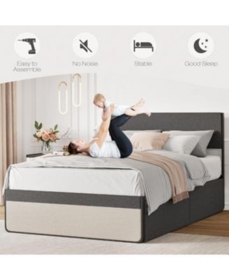 Upholstered Size Platform Bed Frame with 2 Storage Drawers and Headboard, Mattress Foundation with Steel Slat Support