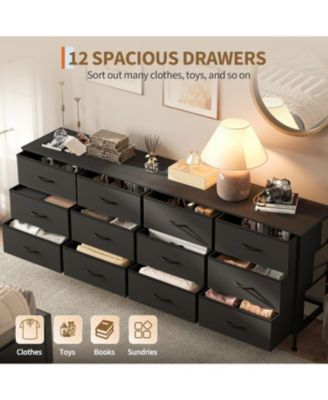 70 Inch Dresser for Bedroom, TV Stand for 65, 75, 80 Inch TV, 12 Fabric Drawer Long Dresser, Wide Chest of Drawer