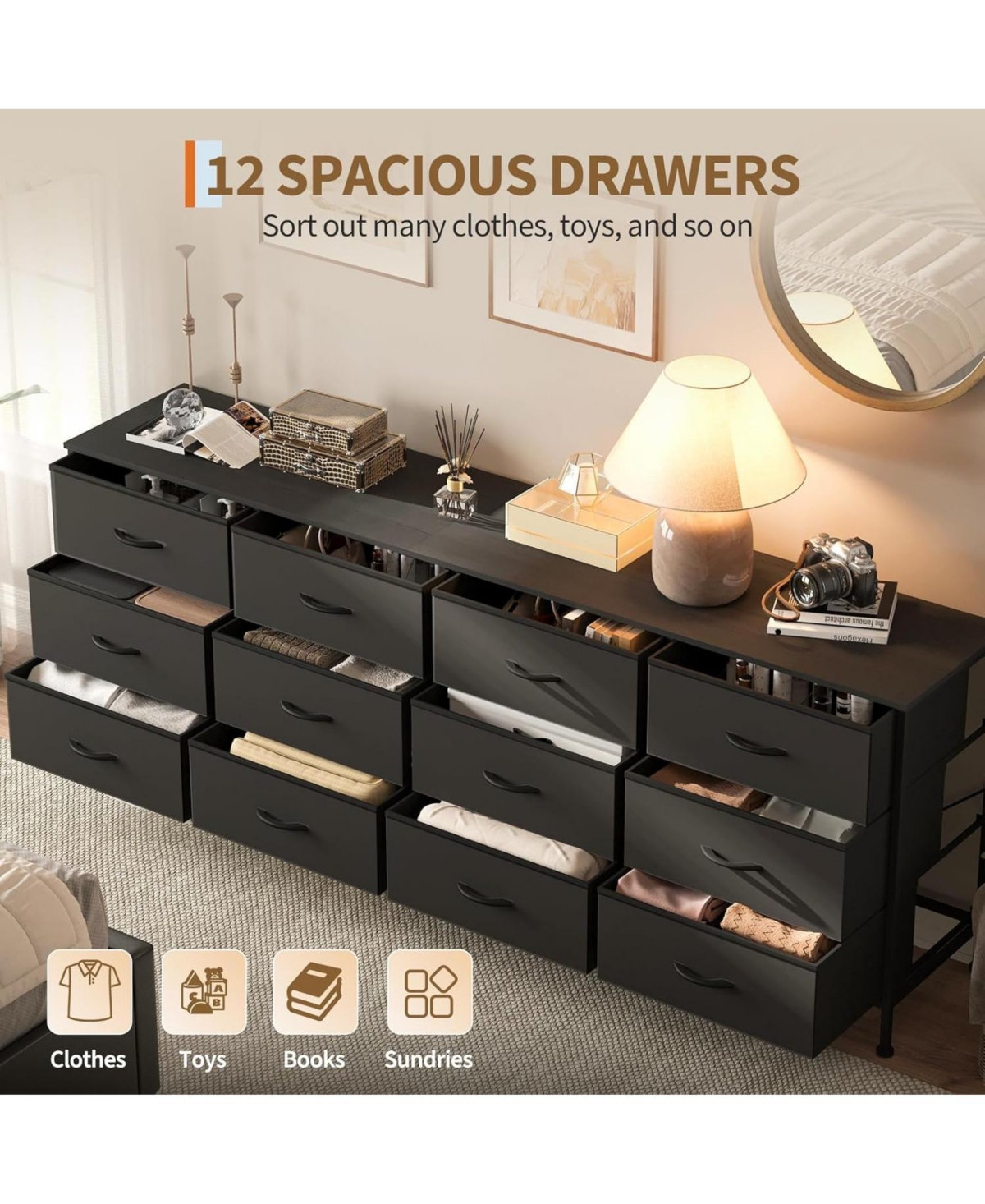 gaomon 70 Inch Dresser for Bedroom, Tv Stand for 65, 75, 80 Inch Tv, 12 Fabric Drawer Long Dresser