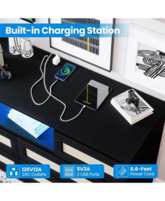 Rattan Wooden Dresser with 6 Drawers and Charging Station, 47" Modern Dresser with LED Lights and Open Shelves