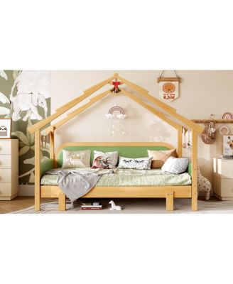 Twin Size Wood Treehouse Bed with Soft Cushion Rails