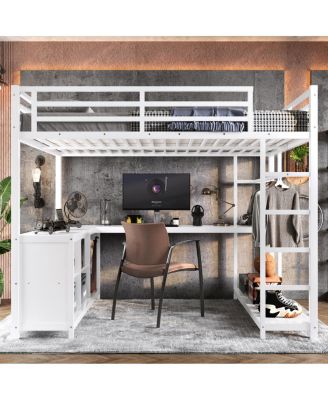  Metal Loft Bed with Wardrobe, L-shaped Desk & Storage