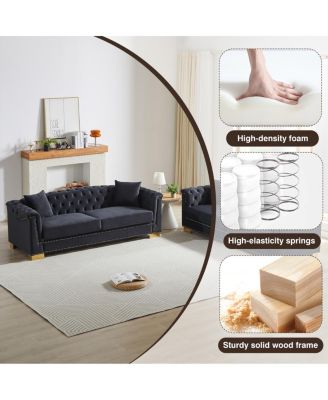 35 inches 3-Seater Chesterfield Rolled Arm Velvet Modern Sofa for Living Rooms & Offices.