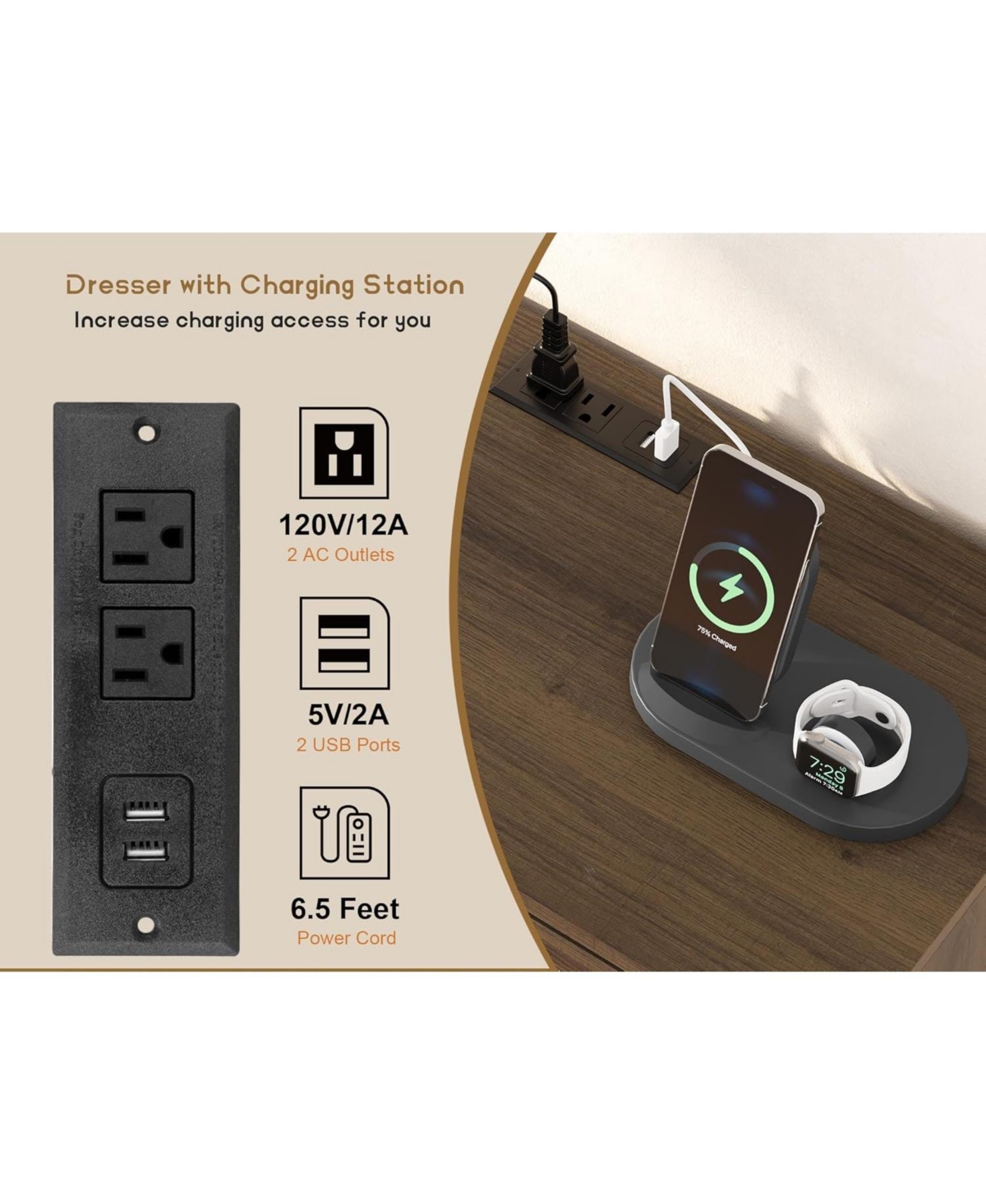 gaomon 6 Rattan Drawer Dresser, with Usb Ports and Outlets, 6 Chests of Drawers Storage for Bedroom, Living Room,Hallway,Bedside,Dining Room,Corridor