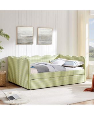 Cozy Gingham Daybed with Twin Trundle, USB Port, Linen Fabric