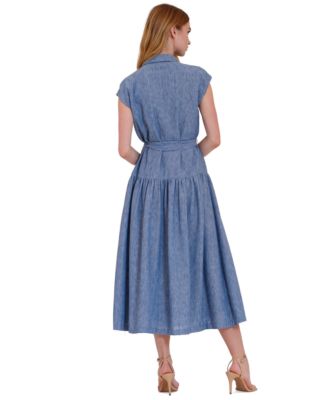 Women's Cap-Sleeve Collared Button-Front Midi Dress