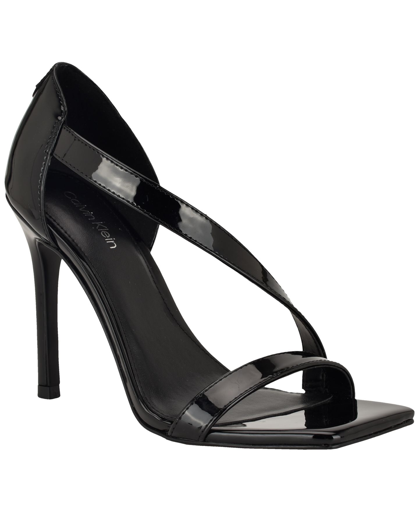 Женские сандалии Calvin Klein Tracy Asymmetrical Strap High Stiletto Dress Sandals, цвет: Чёрный лаковый — фото 1