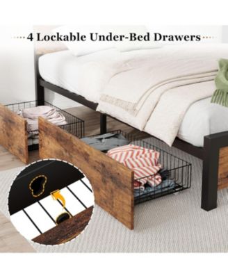  Bed Frame with Wooden Headboard – Features a Platform Design with Under-Bed Storage and Metal Legs, Noise-Free Operation