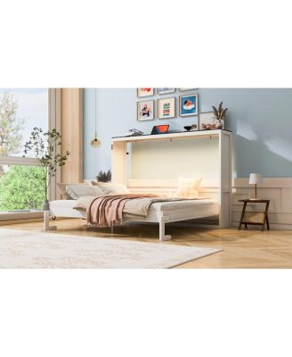 Queen Size Murphy Bed with LED Light, Foldable Cabinet