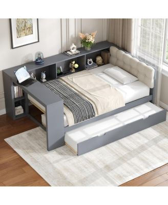 Wood Twin Platform Bed w/Storage, Trundle, Charging Station