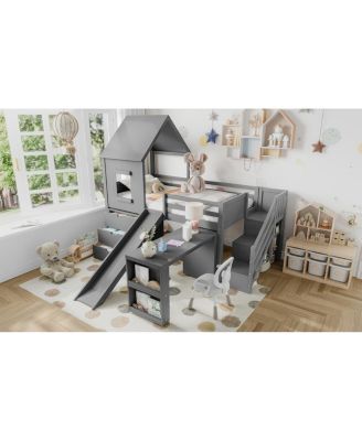 Twin Loft Bed with Storage, Desk, Slide & Stairs