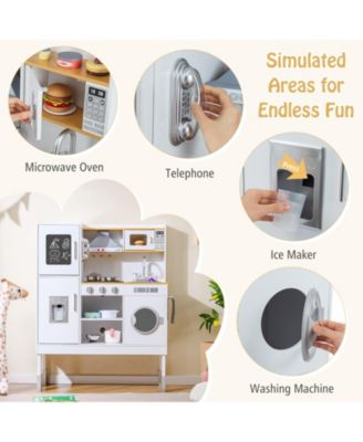 Kids Toy Kitchen Playset with Range Hood, Ice Maker & Telephone