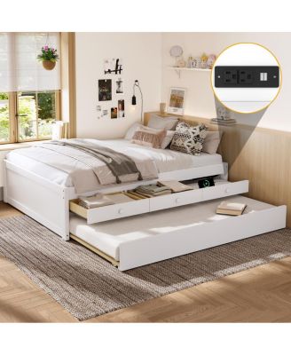 Full Platform Bed with Trundle, 2 Drawers, Power Strip