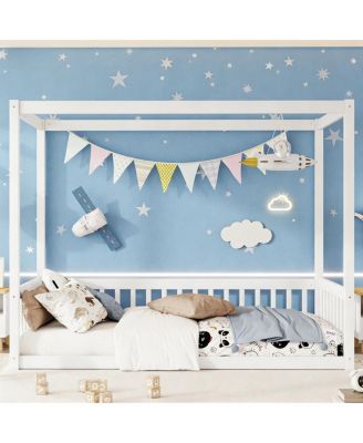 Twin Size Canopy Floor Bed with Fence