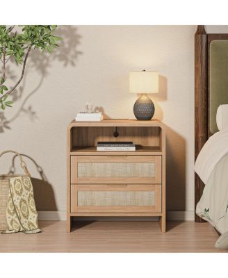 Rattan Nightstand with Charging Station, 2 Drawers, 22.8" Wide Bedside Table