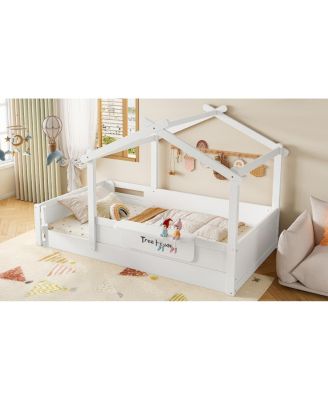 Twin Size House Floor Bed with Guardrails, Roof, Tray & Signboard
