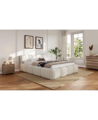 Queen Size Boucle Platform Bed with Thick Headboard and Footboard