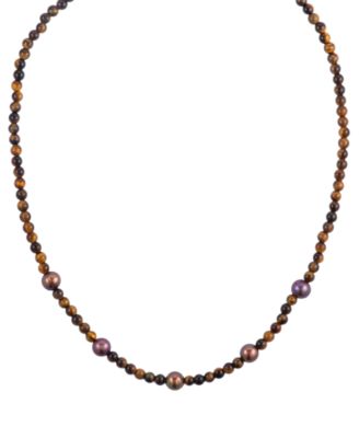 Tiger Eye (4mm) and Chocolate Freshwater Pearl (7-8mm) Necklace in Sterling Silver