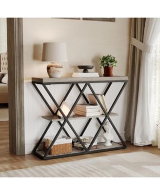 3-Tier Industrial Entryway Table with x-Shaped Metal Frame, Open Shelf Console Sofa Table for Living Room, Hallway