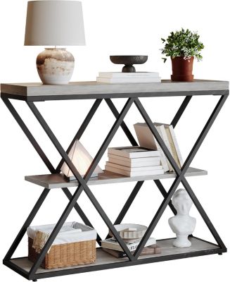 3-Tier Industrial Entryway Table with x-Shaped Metal Frame, Open Shelf Console Sofa Table for Living Room, Hallway