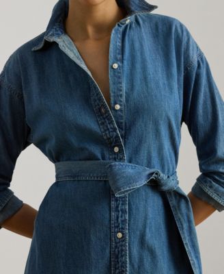 Women's Long-Sleeve Belted Tiered Collared Denim Shirt Dress