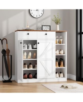 42" Shoe Cabinet with Barn-Style Doors & Drawers – Adjustable Shelf Shoe Storage with Anti-Tip, Modern Freestanding Shoe Rack Organizer