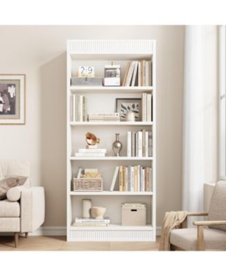 Tall Farmhouse Bookcase – 5-Tier Bookshelf with Fluted Design and Display Rack, Rustic Wood Freestanding Book Shelf for Office, Library