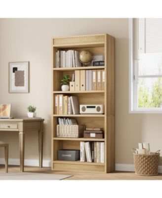 Tall Farmhouse Bookcase – 5-Tier Bookshelf with Fluted Design and Display Rack, Rustic Wood Freestanding Book Shelf for Office, Library