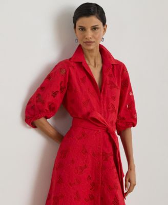 Women's Eyelet Voile Balloon-Sleeve Collared Shirt Dress