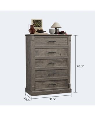 Farmhouse 5 Drawer Dresser for Bedroom, Tall Chest of Drawers with Metal Handles, Rustic Wooden Dresser TV Stand, for Living Room, Hallway.