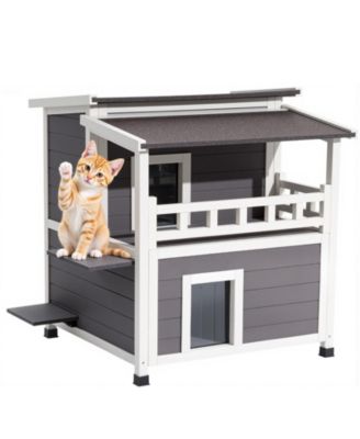 2-Story Insulated Cat House with Balcony, Weatherproof Wooden Shelter for Indoor & Outdoor Cats