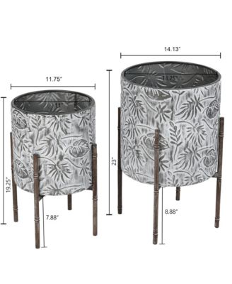 Set of 2 Coastal Distressed White and Gray Metal Cachepot Planters with Metal Stand