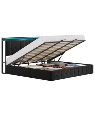 Lift Up Bed Frame with Charging Station & LED Lights,Upholstered Bed with Storage Headboard