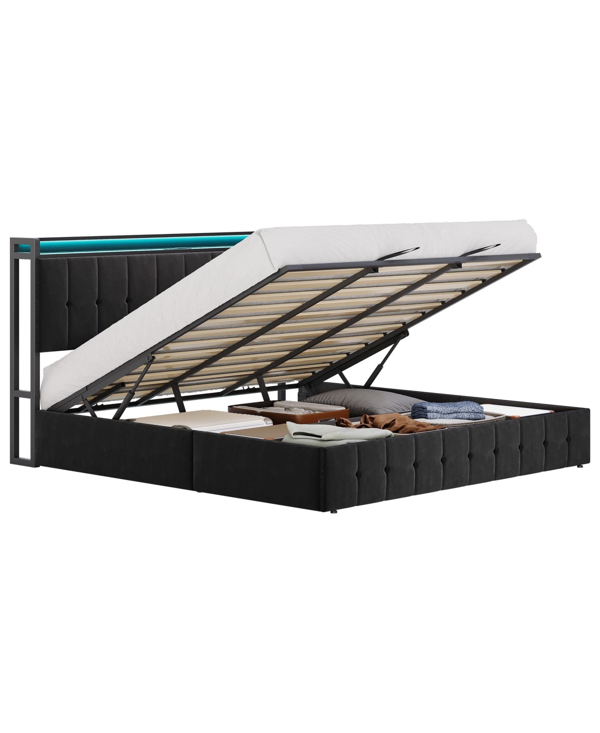 gaomon Lift Up Bed Frame with Charging Station & Led Lights,Upholstered Bed with Storage Headboard