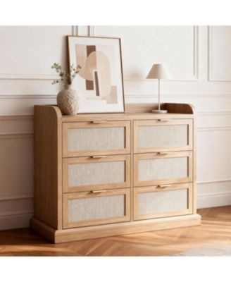 Farmhouse 6 Drawer Rattan Dresser, Wooden Storage Chest for Bedroom, Living Room