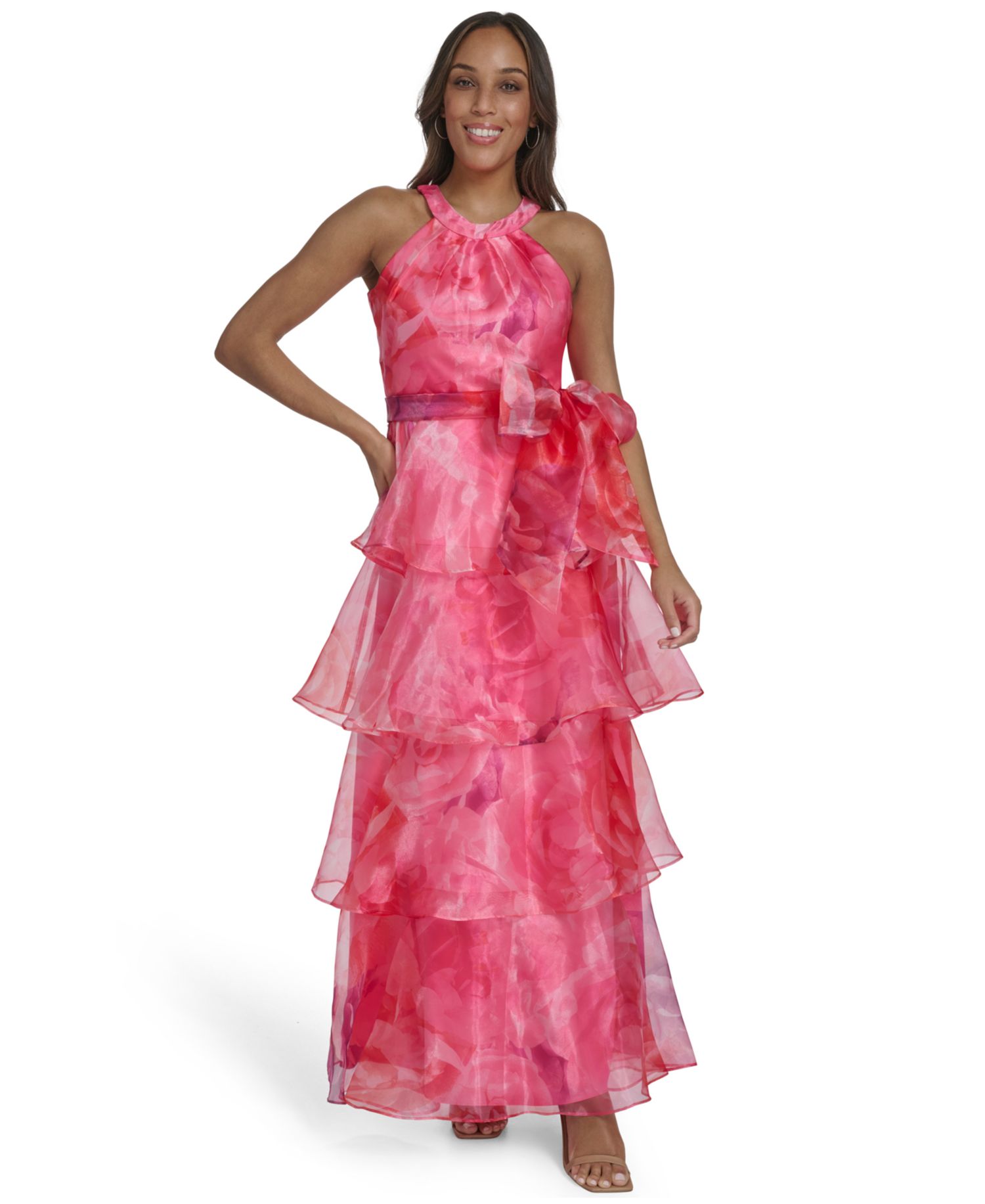 Petite Organza Halter Neck Tiered Skirt Gown
