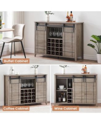 47 Inch Wine Bar Cabinet with Sliding Barn Door Buffet Sideboard Cabinet with 16 Bottle Wine Rack
