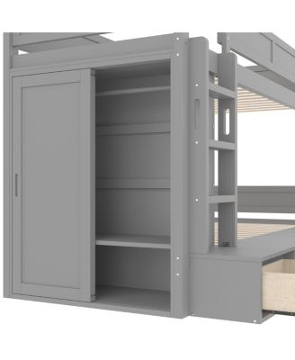 Twin over Twin Bunk Bed w/ 4 Drawers, Wardrobe, No Box Spring Needed
