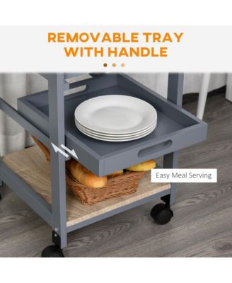 Mobile Kitchen Cart, Solid Wood Frame Utility Cart, Rolling Kitchen Island with Wire Fruit Baskets, Trays and Drawer for Dining Room