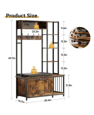 Hall Tree Coat Rack - Flip-top Shoe Cabinet, 5 Storage Compartments, Cushioned Bench, 4 Hooks for Entryway, Hallway