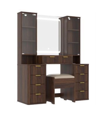 43.5" Fluted Makeup Vanity Desk w/ Mirror, Lights, 10 Drawers