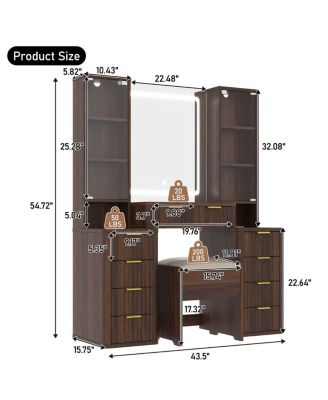 43.5" Fluted Makeup Vanity Desk w/ Mirror, Lights, 10 Drawers