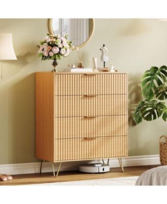 Fluted 4 Drawer Modern Wooden Dresser, Wide Bedroom Storage, Oak