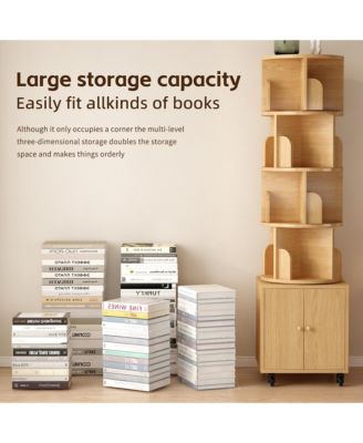 360° Rotating Bookshelf Tower, 5 Tier Wooden Display Bookcase with Wheels and Double Door Storage Cabinet
