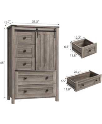 Farmhouse 5 Drawer Dresser for Bedroom, 48 in Tall Wood Dresser Chest of Drawer with Sliding Barn Door, Adjustable Shelf, Storage Organizer