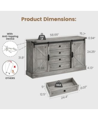 Farmhouse 4 Drawer Dresser for Bedroom, 59" Wood Dressers with Sliding Barn Doors, TV Stand with Large Drawers & Bar Handles
