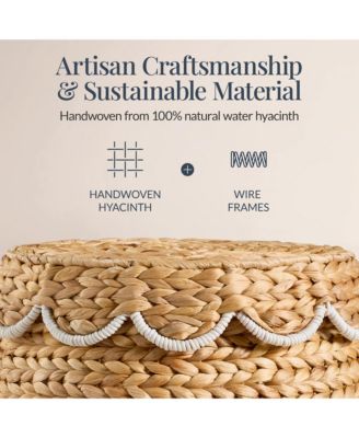 Scalloped Water Hyacinth Storage Tote Basket with Lid