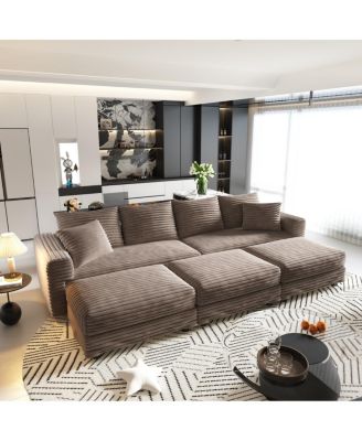  Plush Corduroy 4-Seat Sofa, Modern Comfy Upholstered Cloud Couch with Pillows & Ottomans.