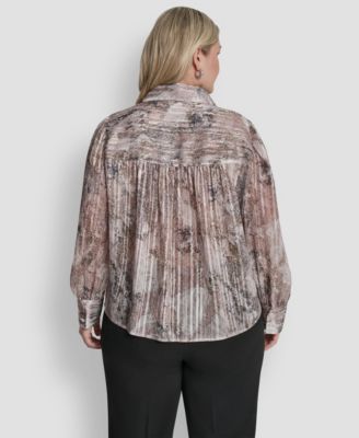 Plus Size Collared Neck Long-Sleeve Top